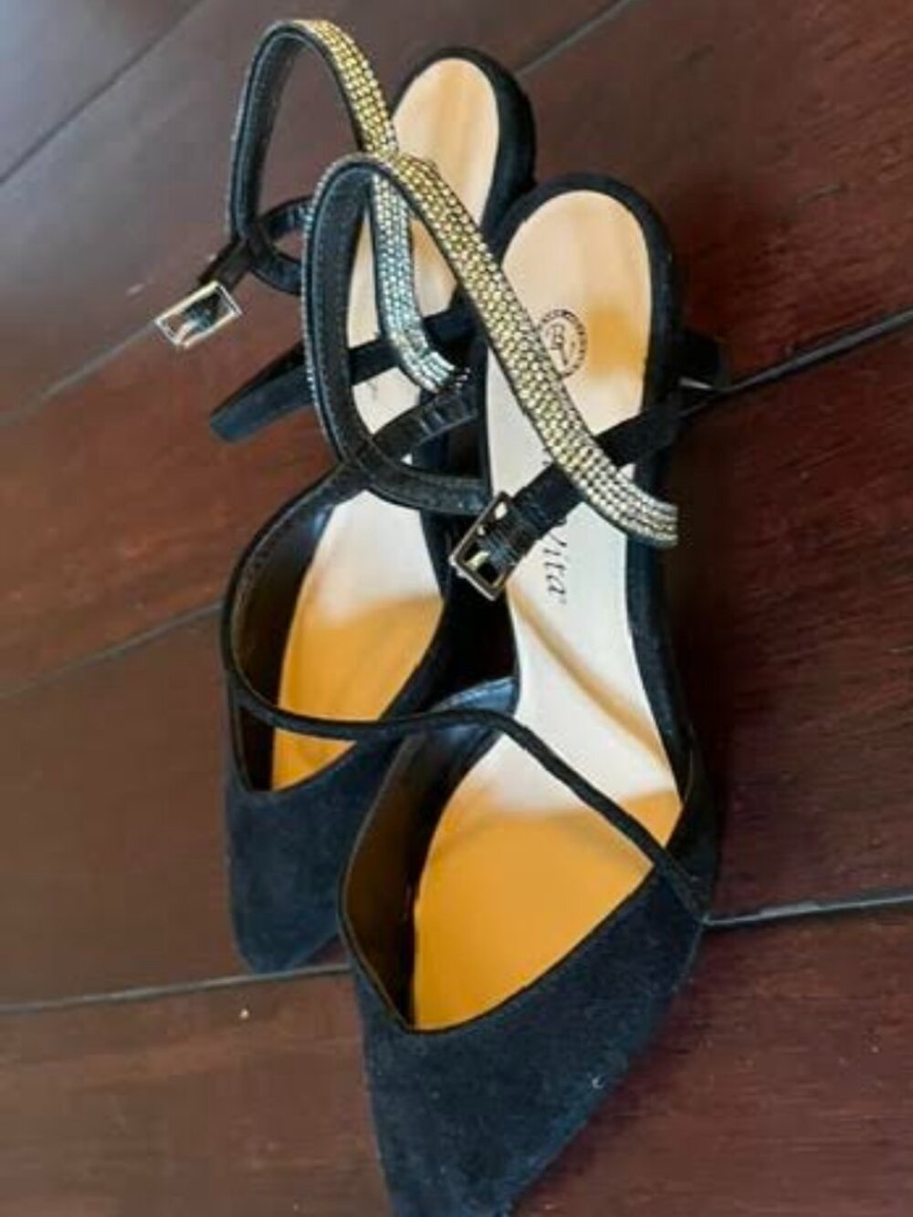Black suede shoes with rhinestone straps, size 7.5